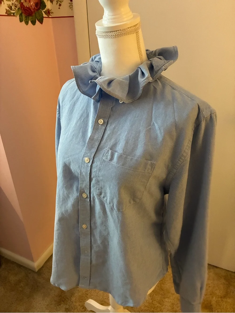 Re-worked up-cycled ruffled collar shirt 
Flag embellished - Picture 2 of 4